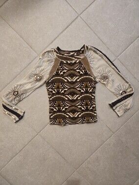 Free People Women’s Embroidered Beige and Brown Patterned Long-Sleeve Top